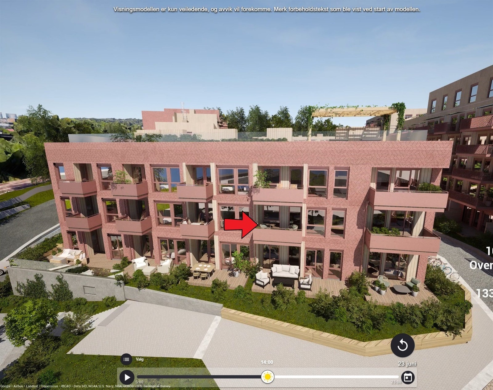 Illustrasjon hentet fra utbyggers simulator. Markering av leilighetens beliggenhet. Avvik kan forekomme. Galleribilde