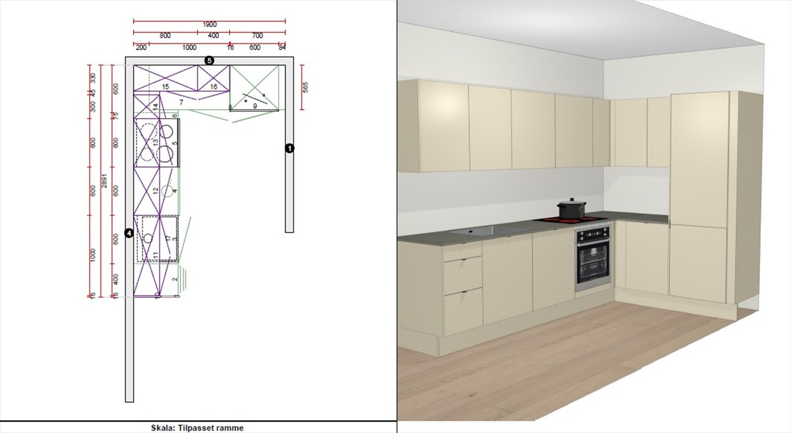Illustrasjon kjøkkenleveranse | Denne leiligheten får et lekkert kjøkken fra Sigdal. Det leveres integrerte hvitevarer fra Bosch. Avvik kan forekomme. Galleribilde