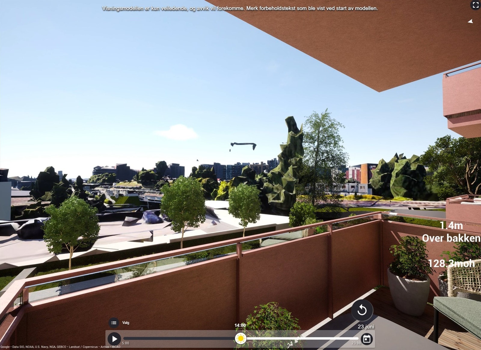 Illustrasjon av utsyn fra sydvestvendt balkong på ca. 6,7 m². Sol fra rundt kl.11 til 20:30 midtsommers, ifølge prosjektets simulator. Avvik kan forekomme. Galleribilde