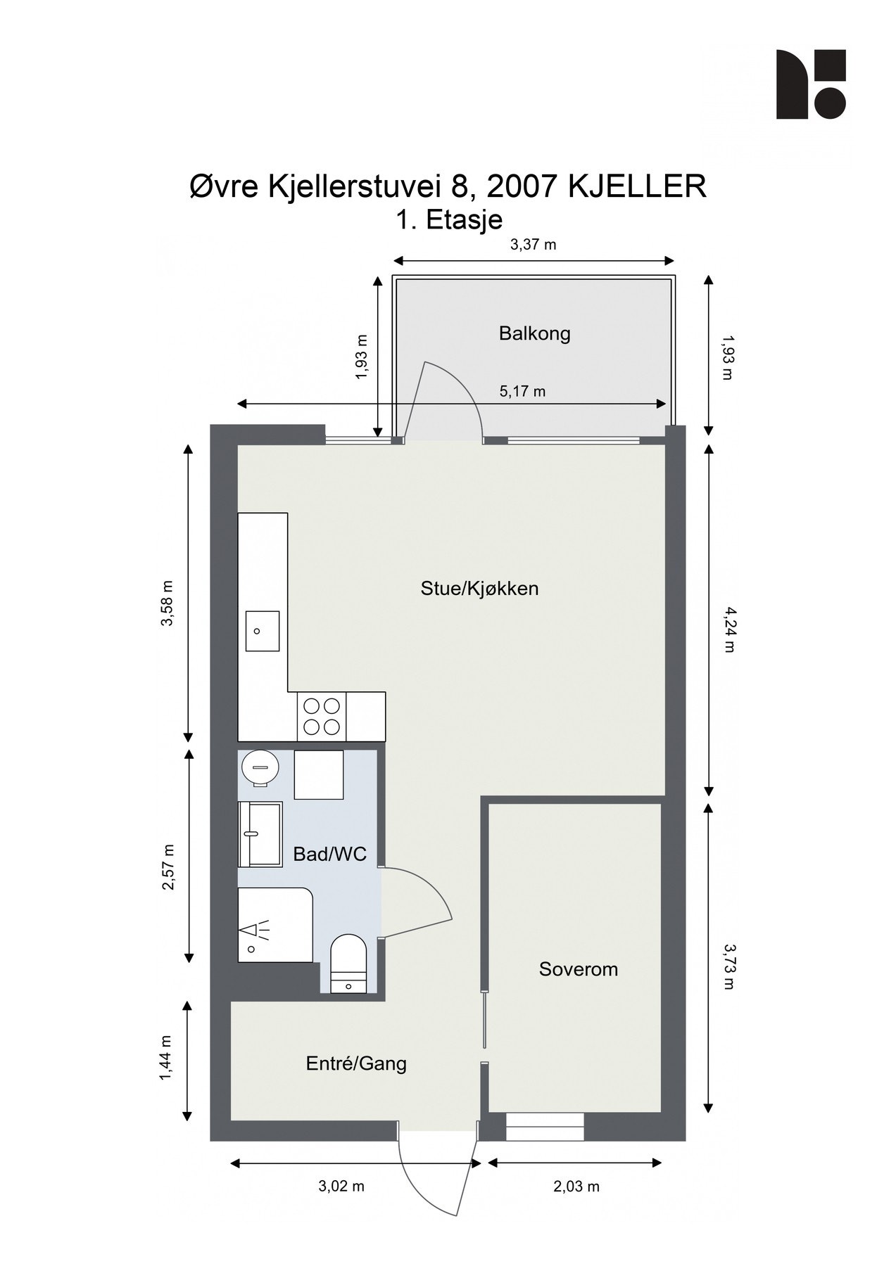 Planløsning består av: Første etasje: Entré, kjøkken, stue, soverom, bad og veranda. Galleribilde