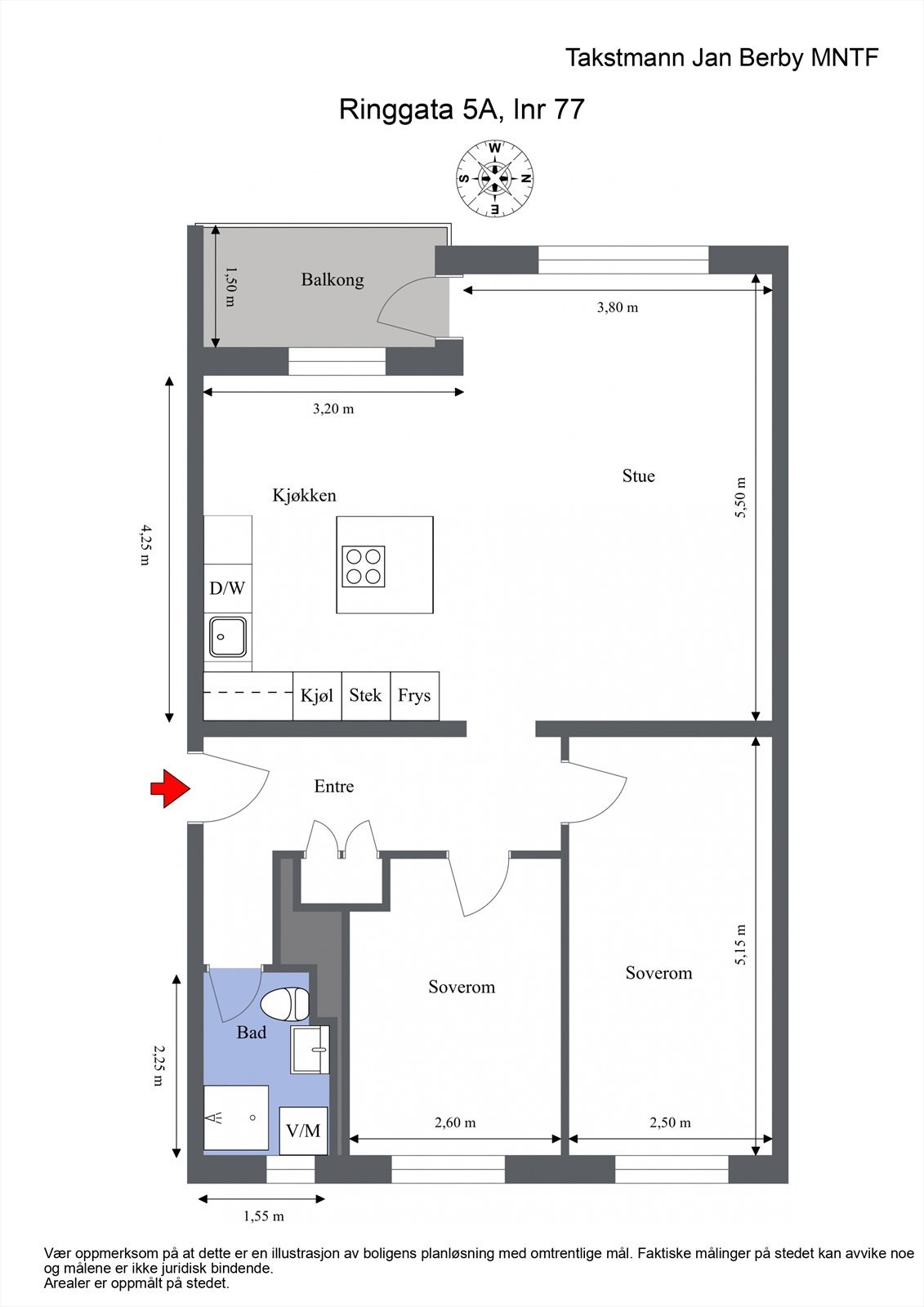 Plantegningen viser en gjennomgående og arealeffektiv 3-roms leilighet. Galleribilde