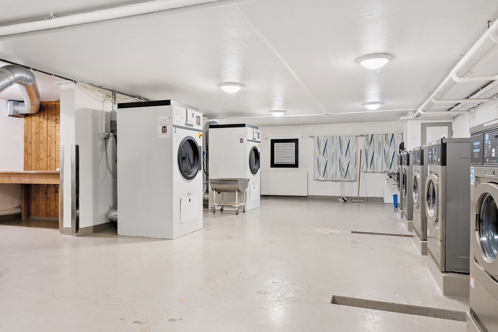 Praktisk fellesvaskeri med store industrimaskiner. Galleribilde