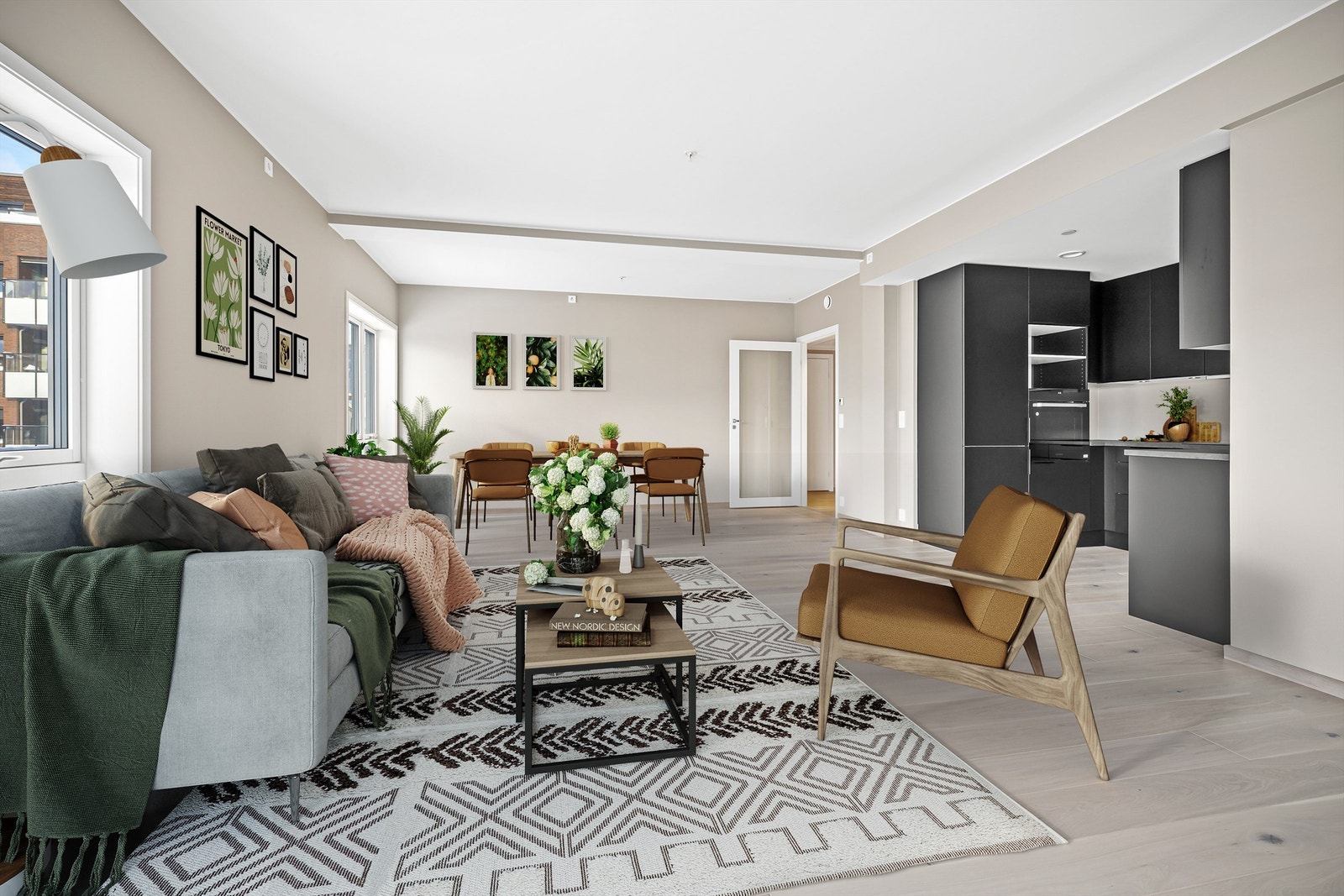 Stue/kjøkken - Rommet er digitalt stylet. Foto: Stine Prøitz Jørgensen Galleribilde