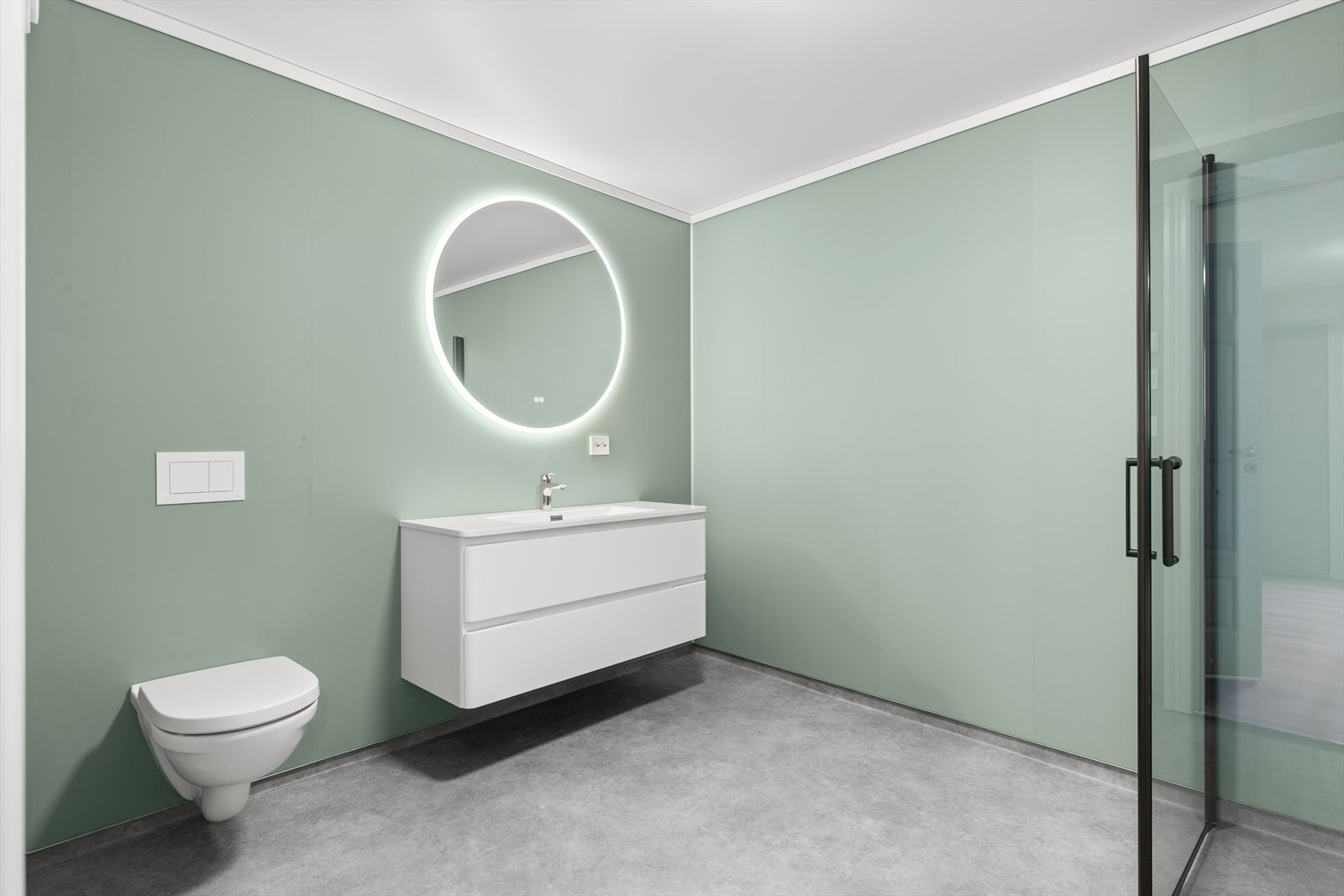 Bad - Innredning fra Lind bad med servant, vegghengt wc, og dusjhjørne Galleribilde