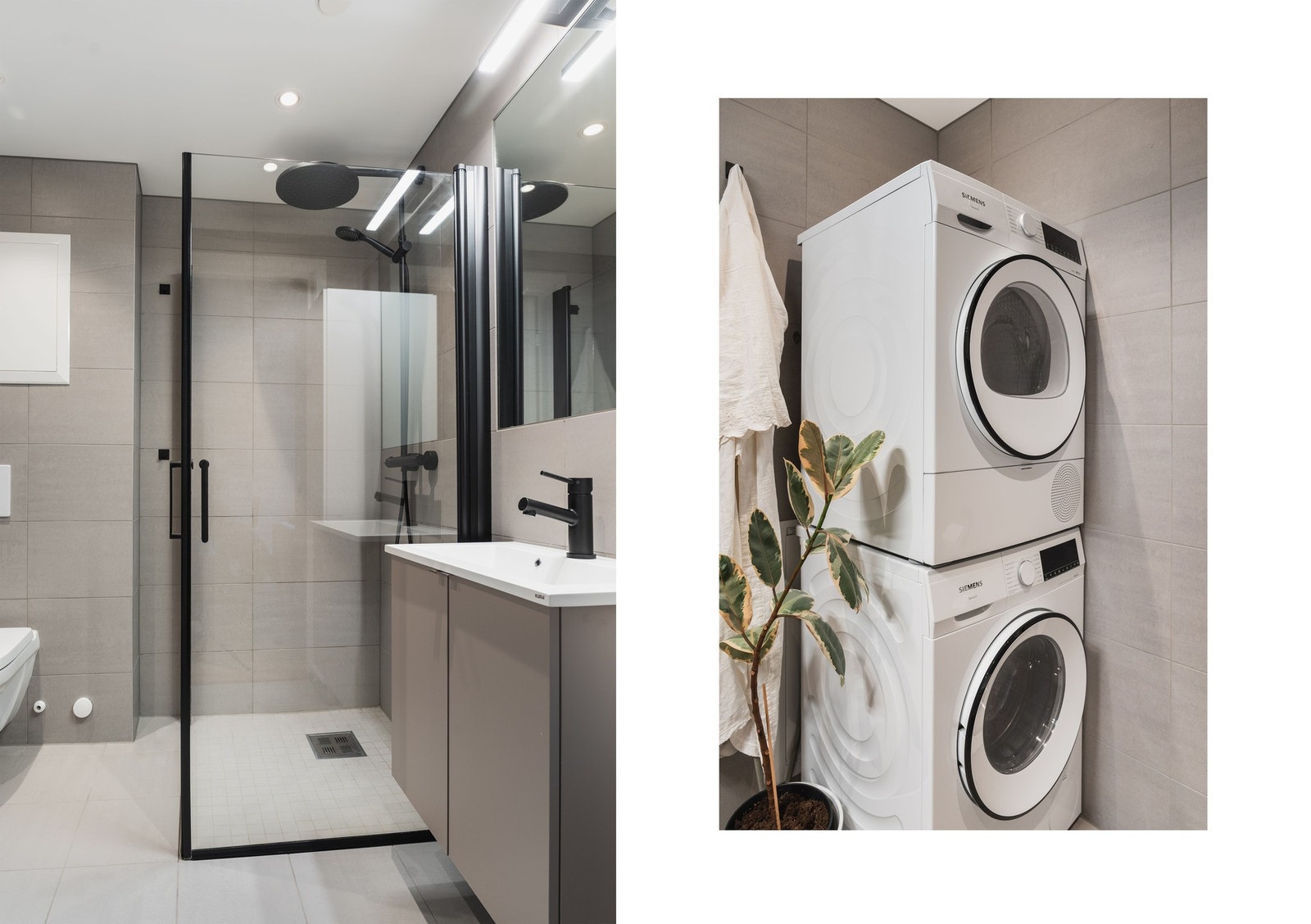 Lekkert, flislagt bad i tidløse farger og med opplegg for vaskemaskin og tørketrommel. Galleribilde