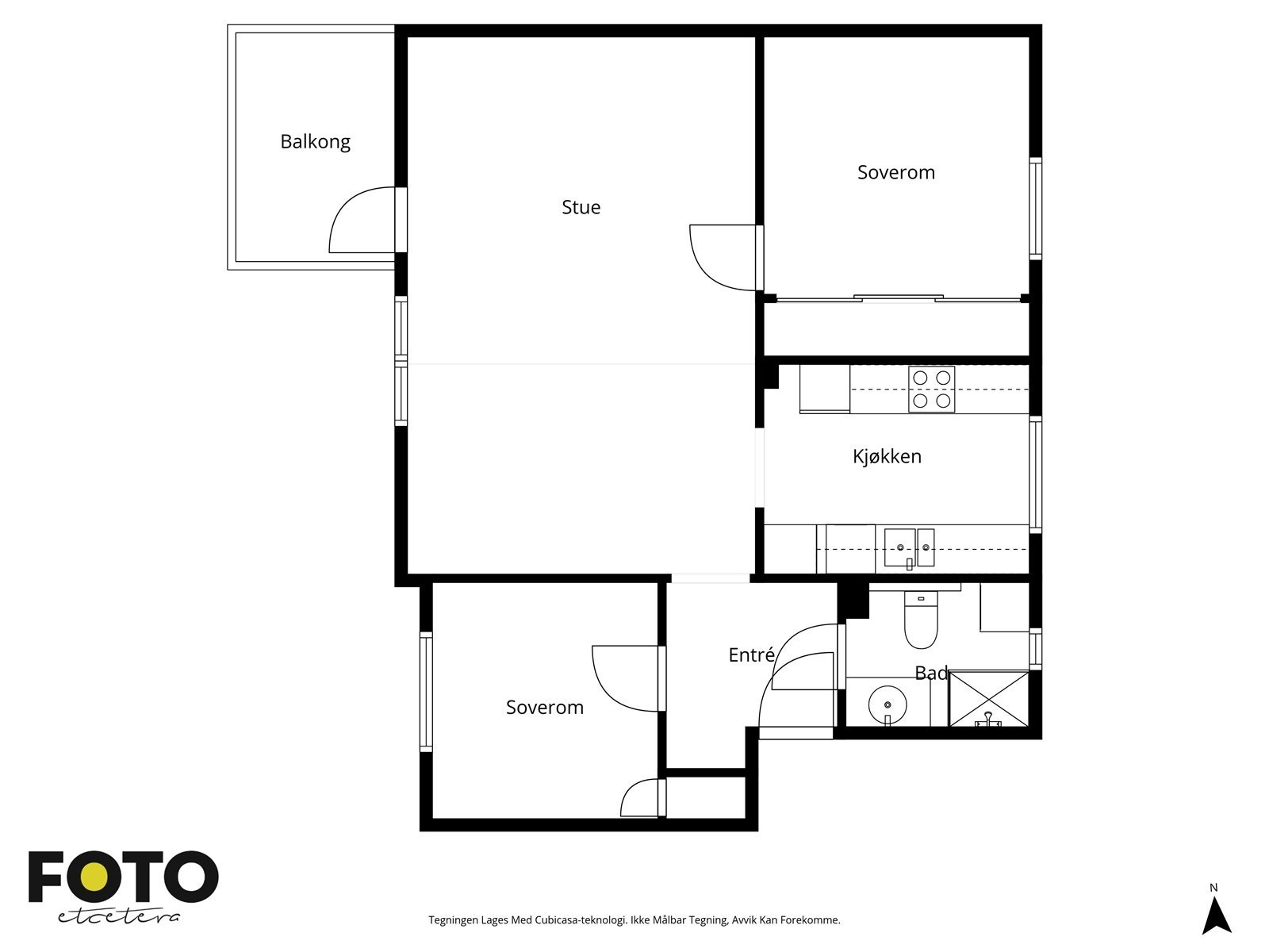 Plantegningen viser en arealeffektiv planløsning på 65 m² med alle rom på ett plan, inkludert to soverom. Galleribilde