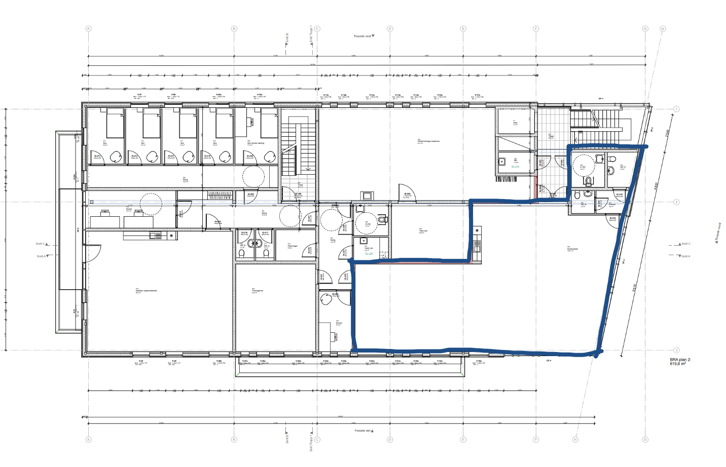 Ledig areal i 2.etg markert i blå Galleribilde