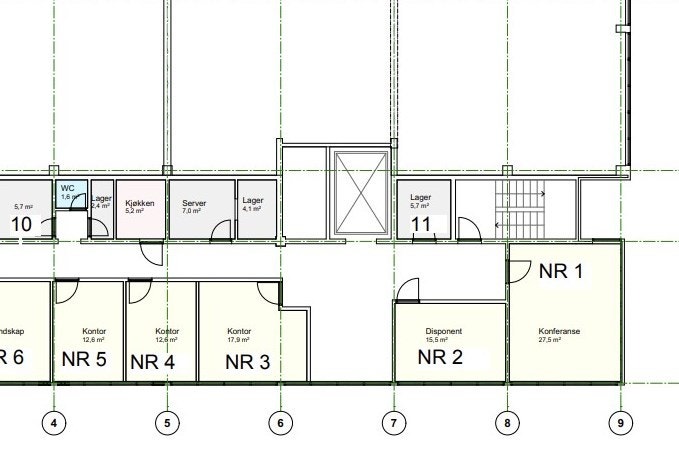 Plantegning 2. etg. Kontor 1, 2 og 4 er ledig. Galleribilde
