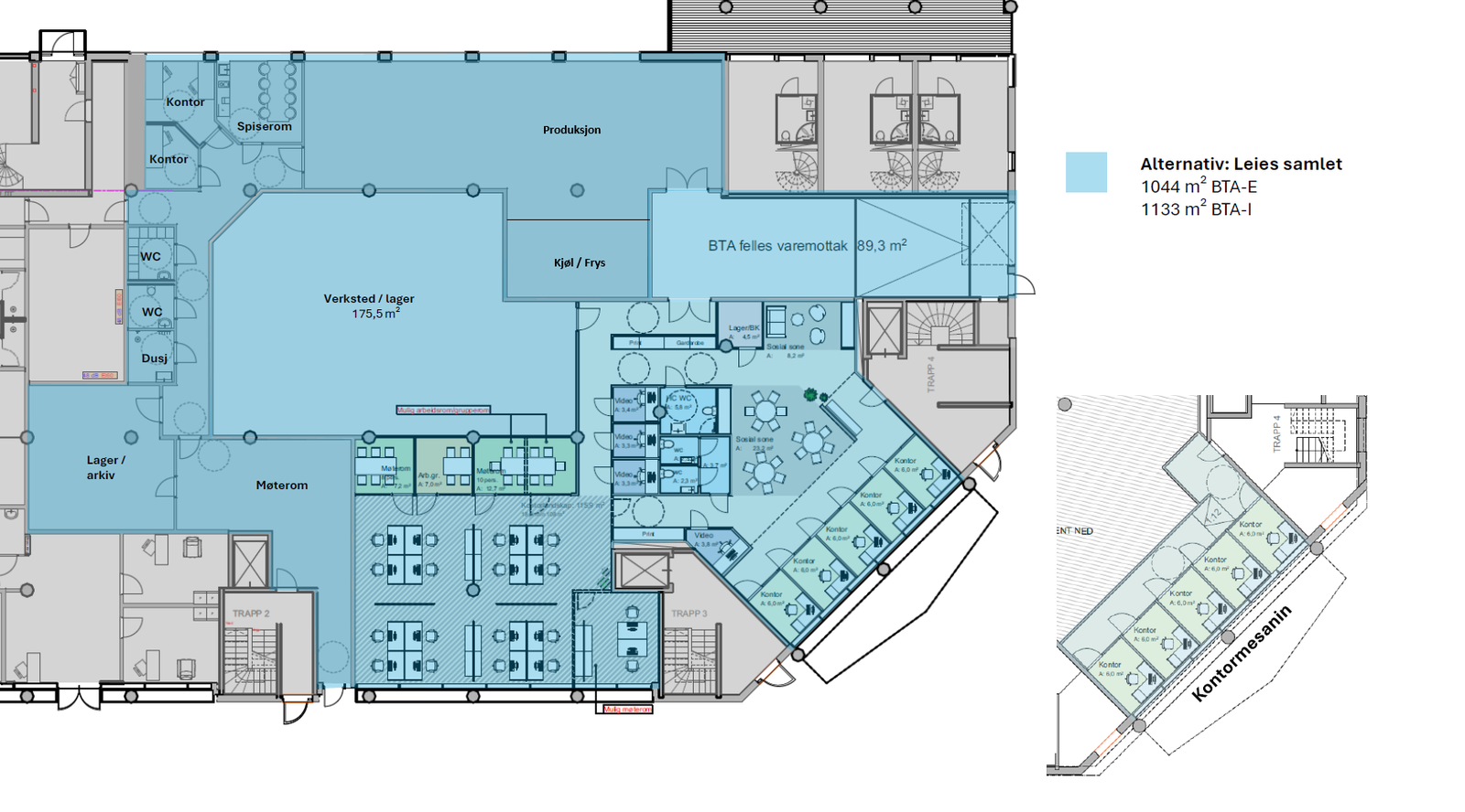 Innholdsrikt og tilgjengelig areal er markert blått og utgjør samlet ca. 1.100 kvm BTA. Galleribilde