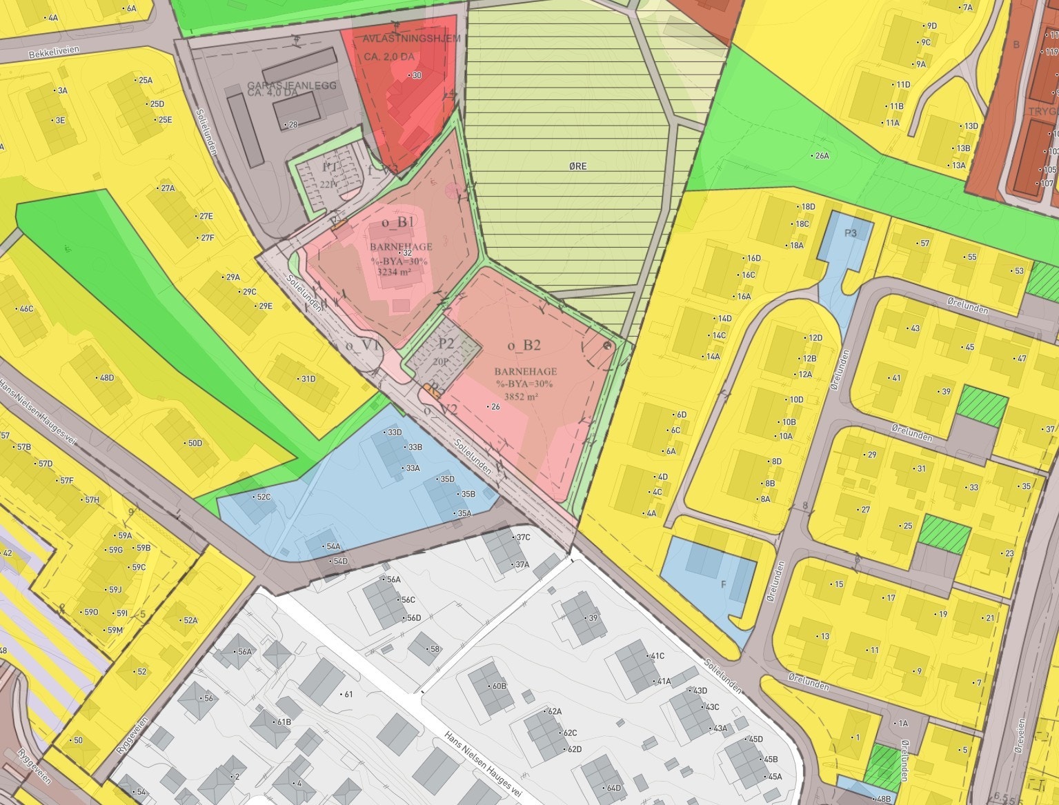 Regulert areal: o_B2 er regulert til barnehage. Galleribilde