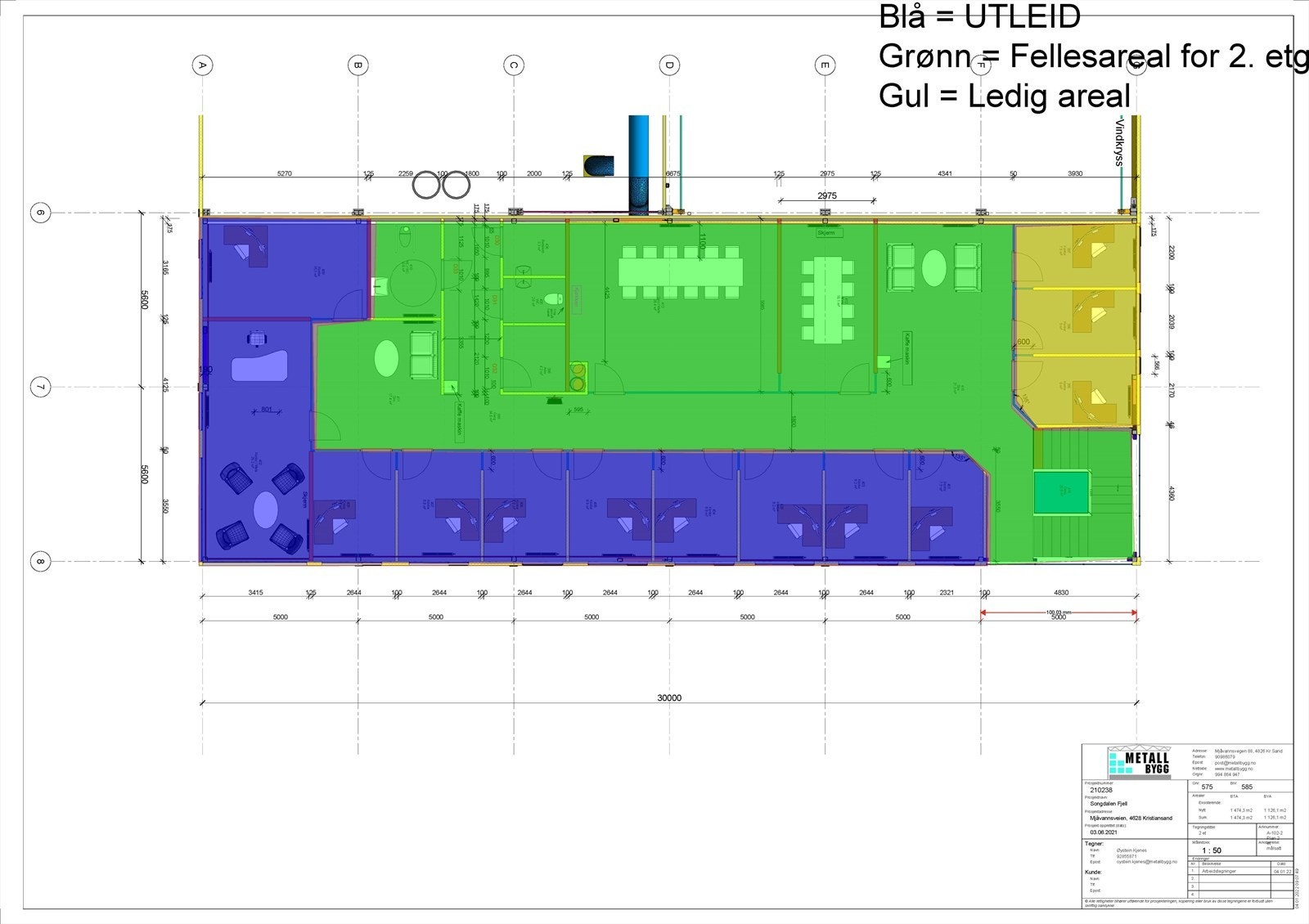 Plantegning 2. etg - 2 ledige kontorer + tilgang på møterom, kjøkken og toalett Galleribilde