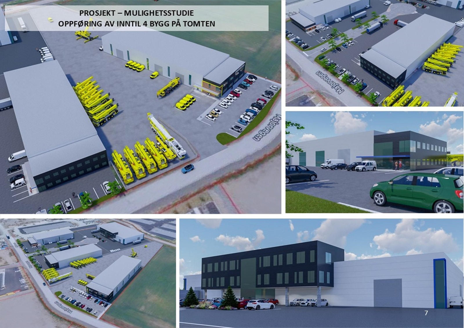 Mulighetsstudie som viser forslag til plassering av inntil 4 stk. bygg på tomten (ikke godkjent). Galleribilde