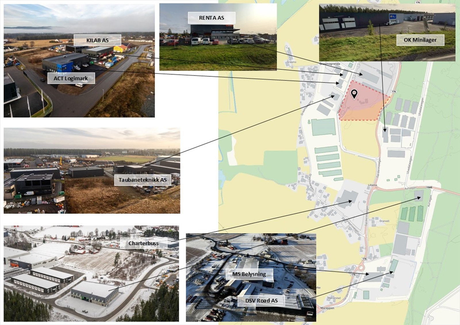 Tomten har en god intern beliggenhet i næringsparken med blant annet Kilab, ACT Logimark, Taubane Teknikk, OK Minilager og Renta som naboer i nye flotte næringsbygg. Galleribilde