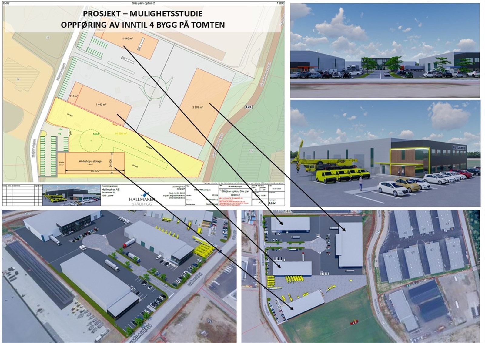 Mulighetsstudie som viser forslag til plassering av inntil 4 stk. bygg på tomten (ikke godkjent). Galleribilde