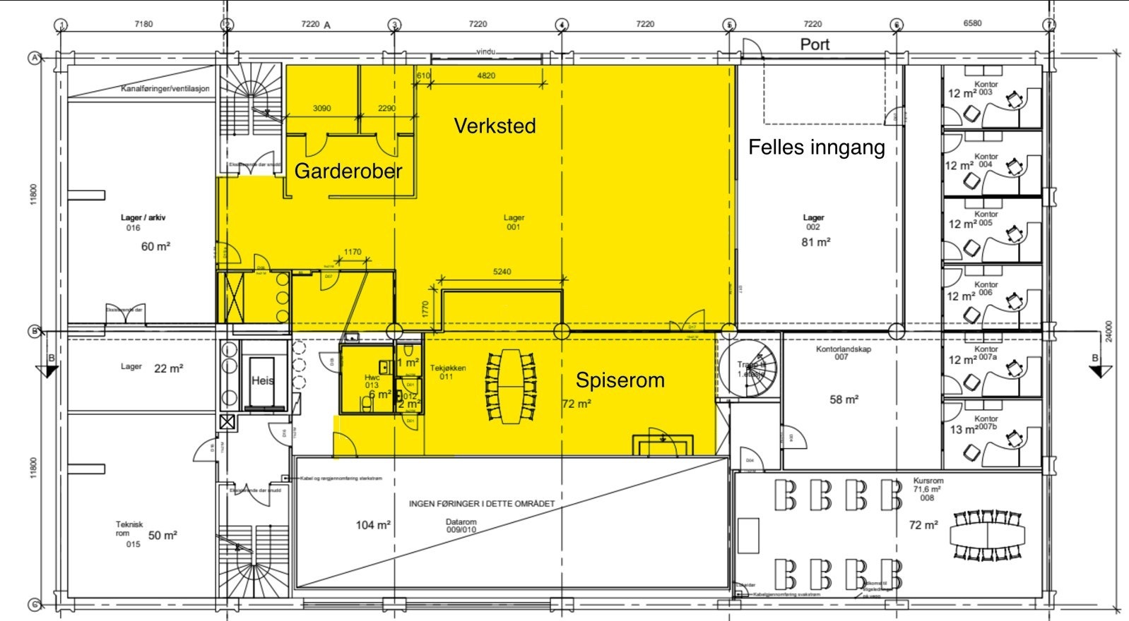 Plantegning av lokalet markert med gult Galleribilde