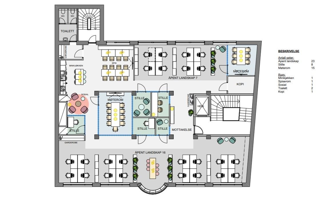 Møbleringsforslag 5. etasje - åpent kontorlandskap Galleribilde