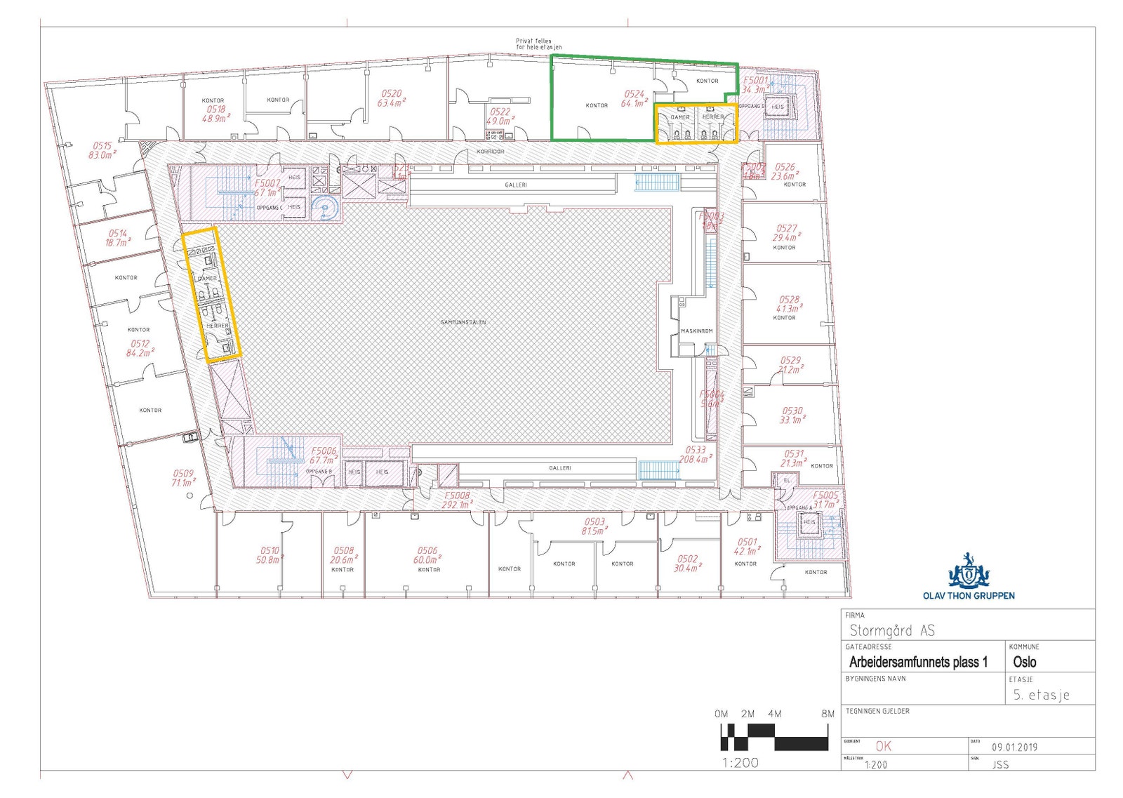 Kontor 524 er merket i grønt Galleribilde