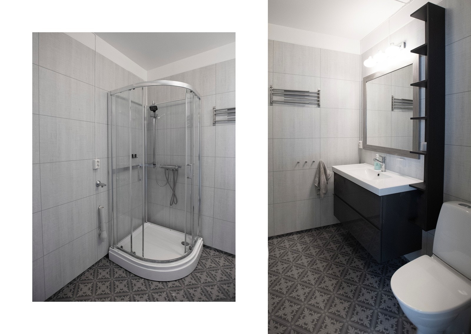 Badet har gulvvarme og er innredet med dusjkabinett, klosett, servant, skapløsninger og har opplegg for vaskemaskin. Galleribilde