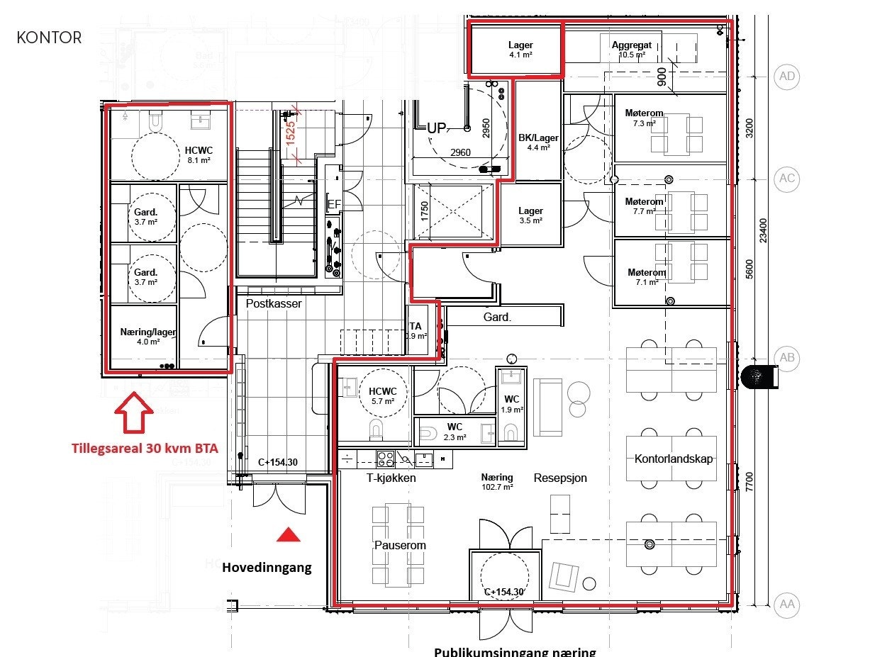 Forslag til kontor layout - Dette forslaget gir blant annet tre møterom, toaletter, resepsjon, te-kjøkken og åpen kontorlandskap - Mulighetene er store her. Galleribilde
