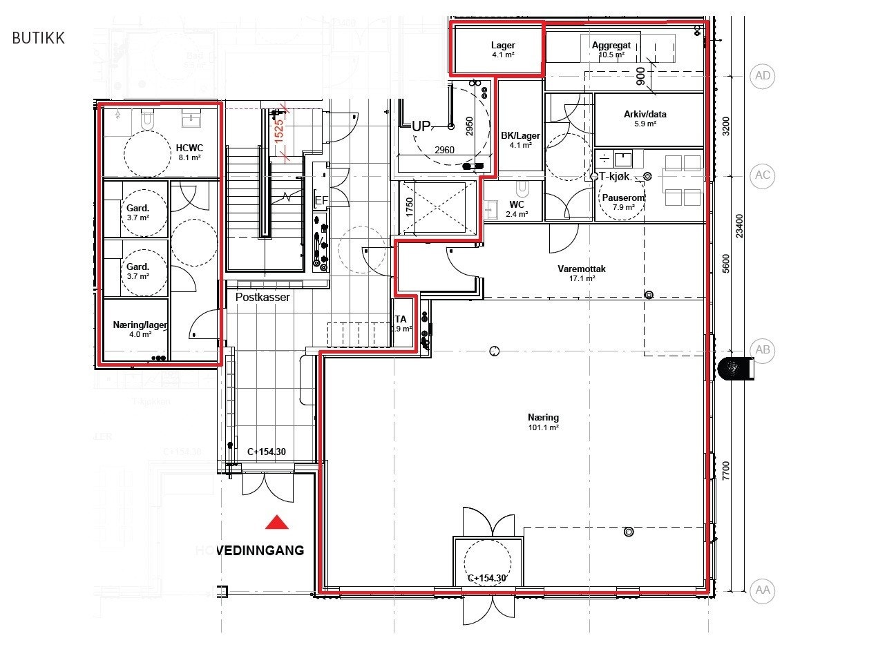 Forslag til butikklayout – Store, åpne arealer som gir fleksibilitet til å tilpasse ulike butikkonsepter. Galleribilde
