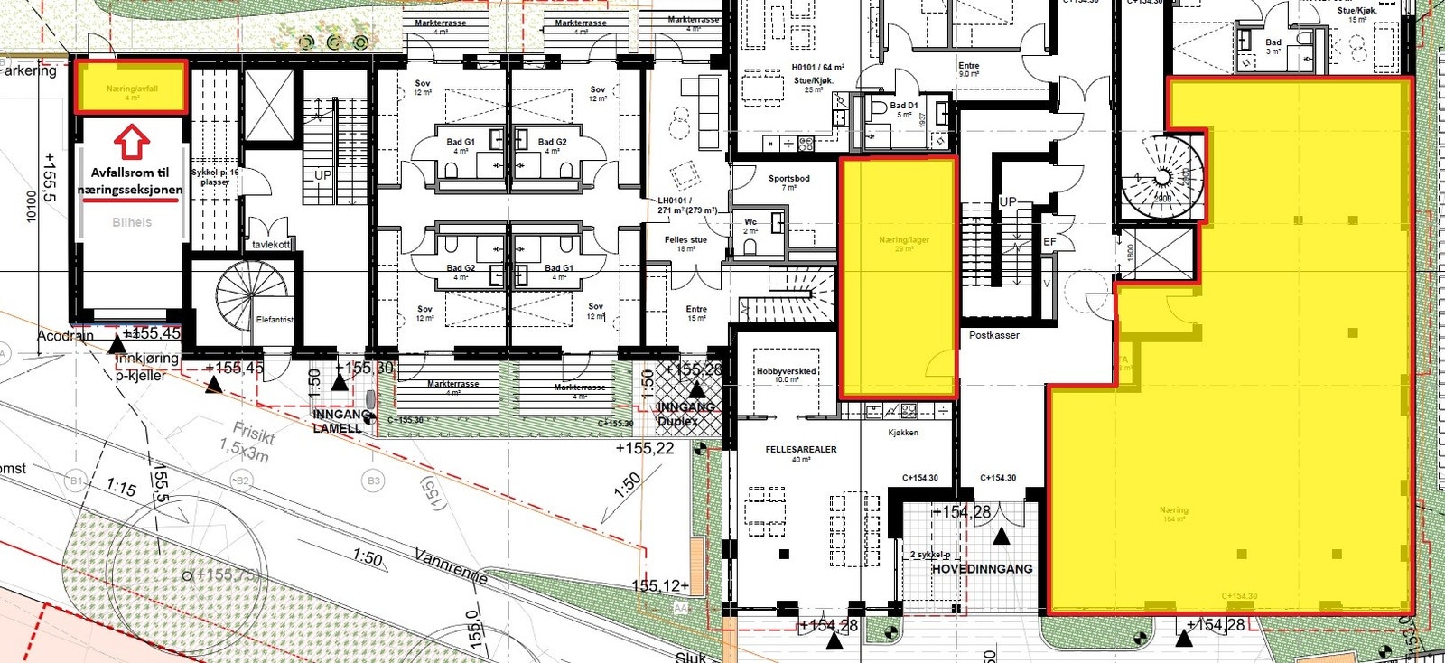 Næringsseksjonen har også tilhørende avfallsrom på baksiden av bygget. Galleribilde