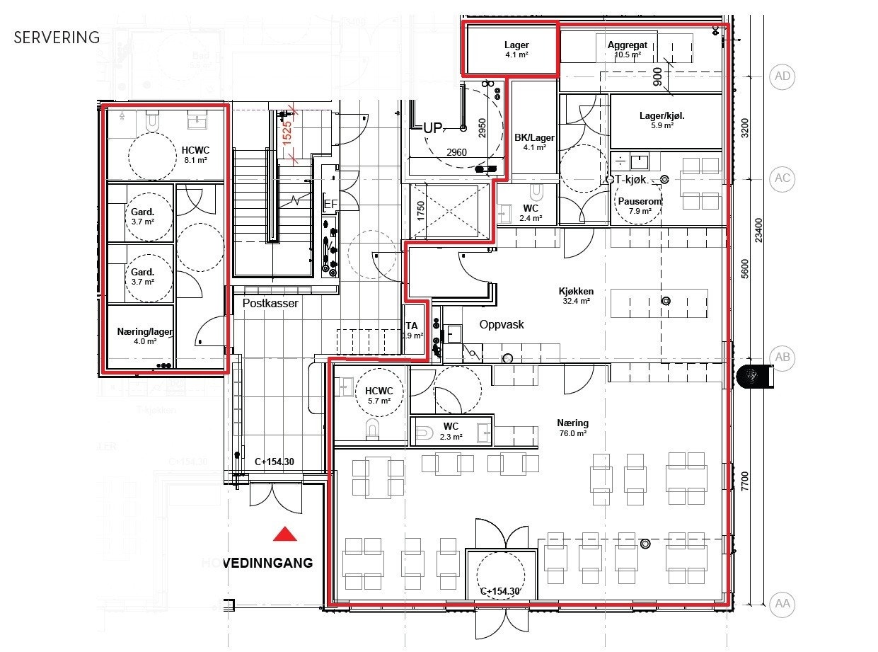 Forslag til serveringslayout – Dette forslaget åpner opp arealet og viser 34 sitteplasser, et stort kjøkken/oppvask, kundetoalett og romslige personalarealer. Galleribilde