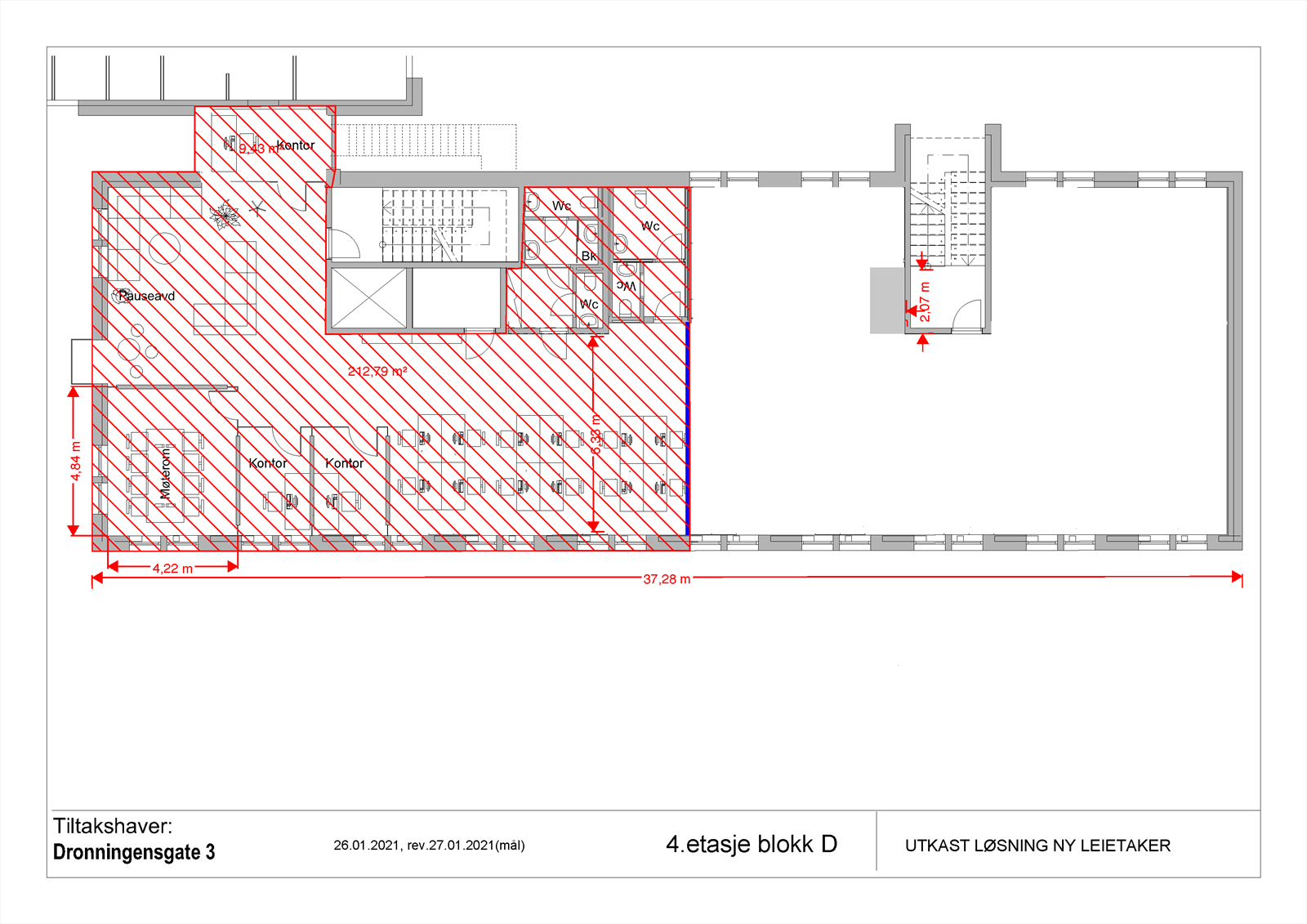 Areal til vestre/ markert i rødt er ferdig møblert og innflytningsklart. Areal til høyre kan slås sammen med eksisterende. Galleribilde