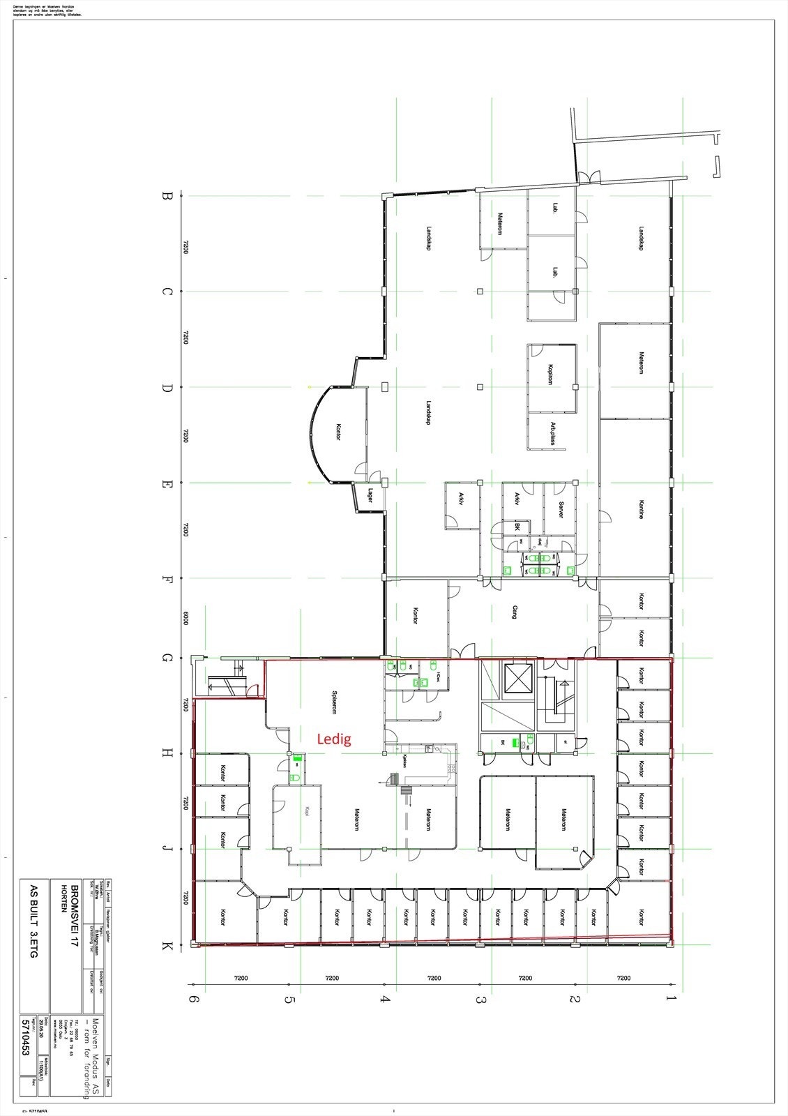 Tegning 3. etg. med ledig areal markert Galleribilde