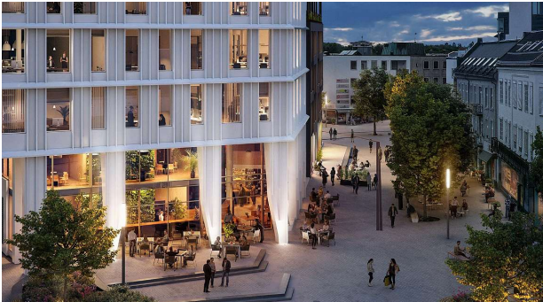 Illustrasjon med Villa Paradiso i front og lokalene til høyre i bildet i grått bygg Galleribilde