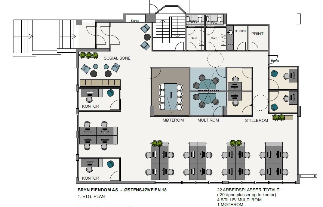 Illustrasjon, forslag til romplan i 1. etg.
Det kan undersøkes om plan 1 og ledig areal i u.etg. kan kobles sammen. Galleribilde