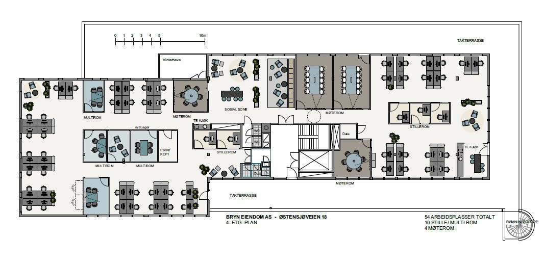 Illustrasjon, forslag til romplan i 4. etg.
Toppetasje med utgang til takterrasse Galleribilde