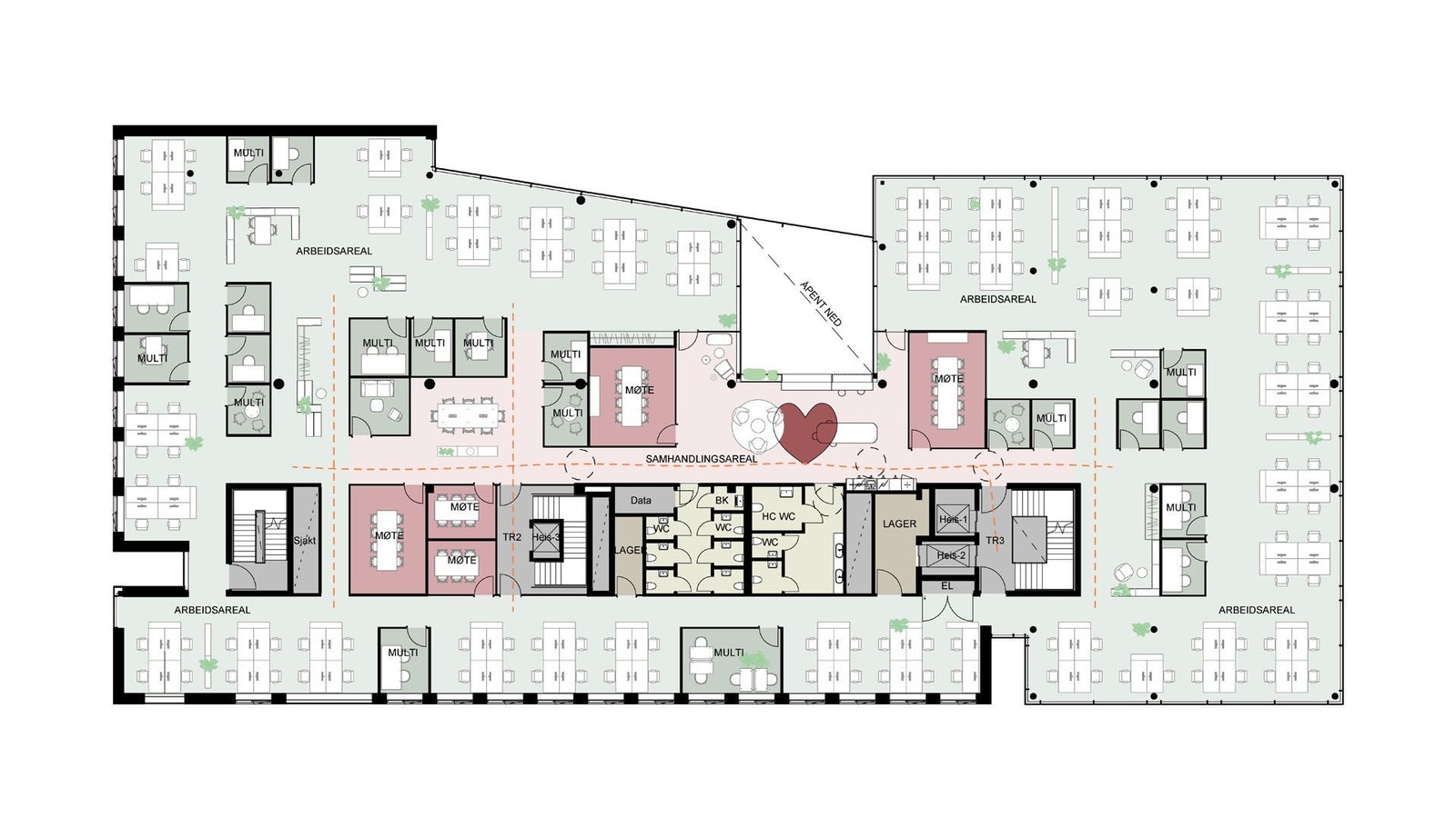 Plantegning Plan 4. Generisk utkast: interiørarkitekter stilles til rådighet for uttegning i samarbeid med leietaker. Galleribilde