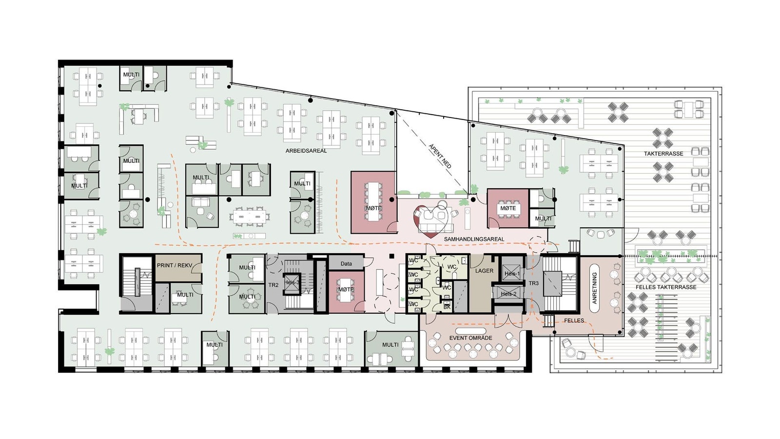 Plantegning Plan 5. Generisk utkast: interiørarkitekter stilles til rådighet for uttegning i samarbeid med leietaker. Galleribilde