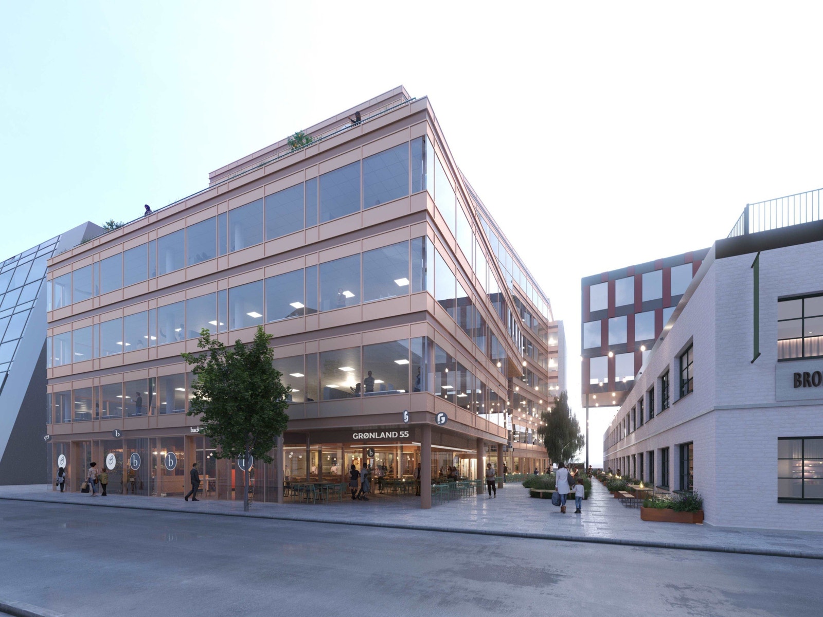 Fasade. Utadrettet kafé, benker og grøntområder skaper et levende byrom. Illustrasjon: A-lab Galleribilde