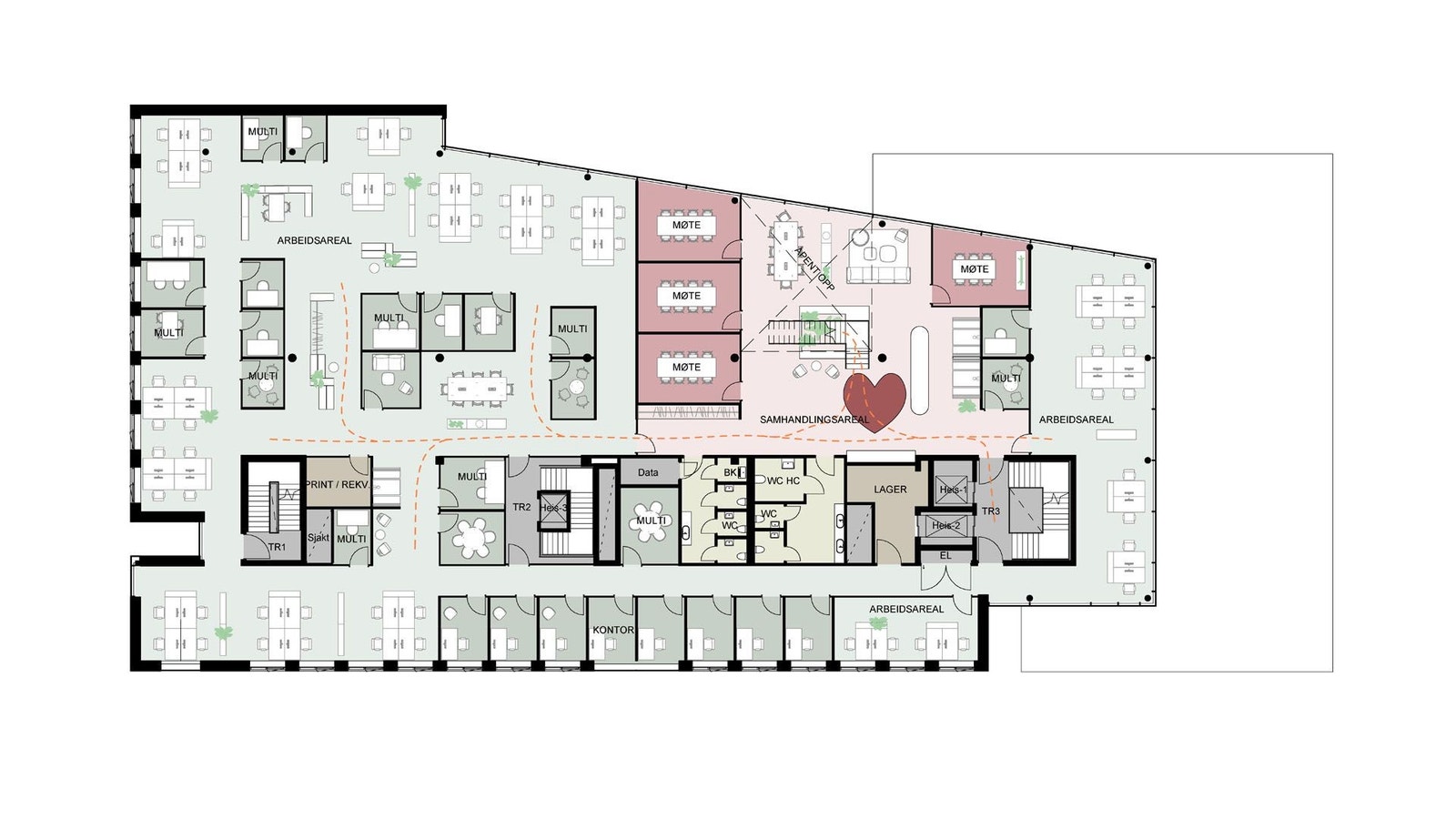Plantegning Plan 6. Generisk utkast: interiørarkitekter stilles til rådighet for uttegning i samarbeid med leietaker. Galleribilde