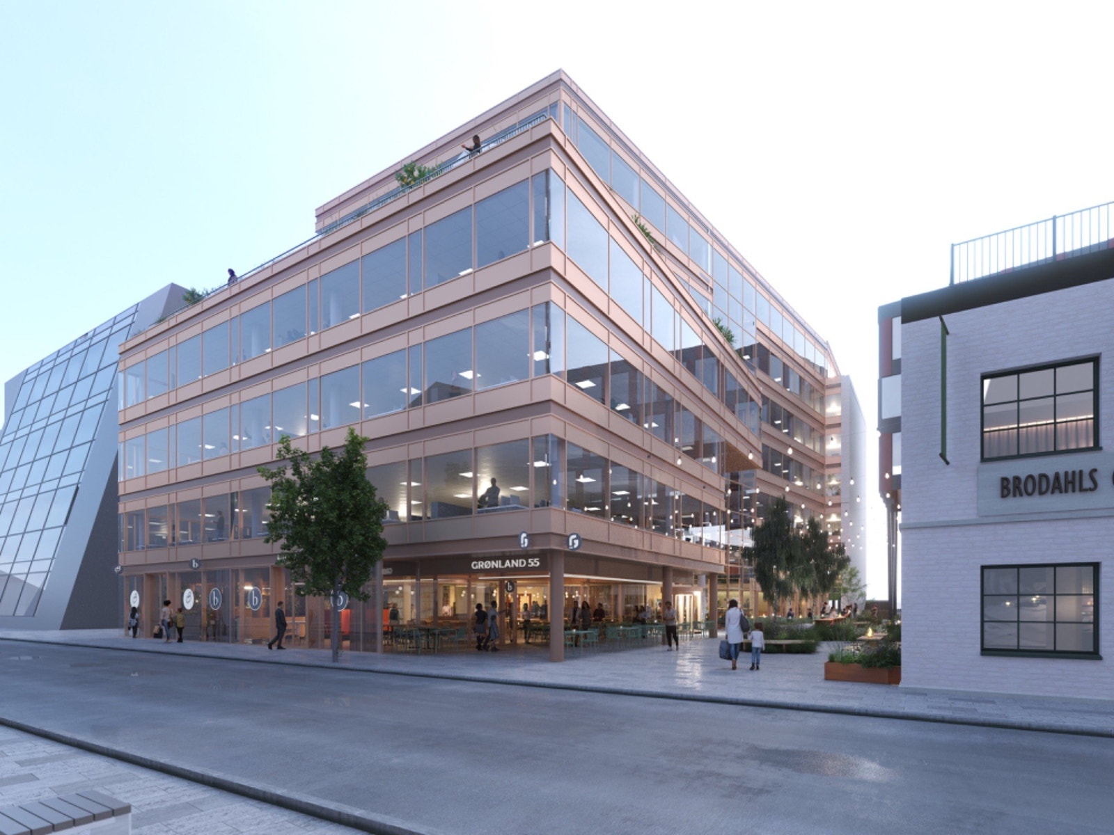 Fasade. Utadrettet kafé, benker og grøntområder skaper et levende byrom. Illustrasjon: A-lab Galleribilde