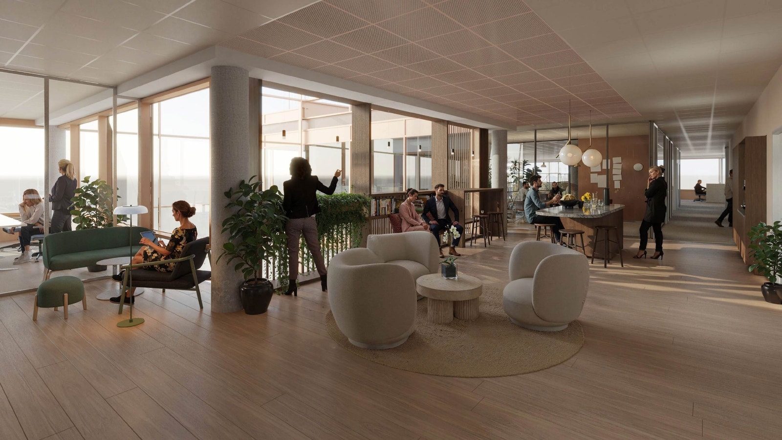 Lyse, innbydende kontorområder. Komfortable sittegrupper tilrettelagt for samhandling. Illustrasjon: A-Lab Galleribilde