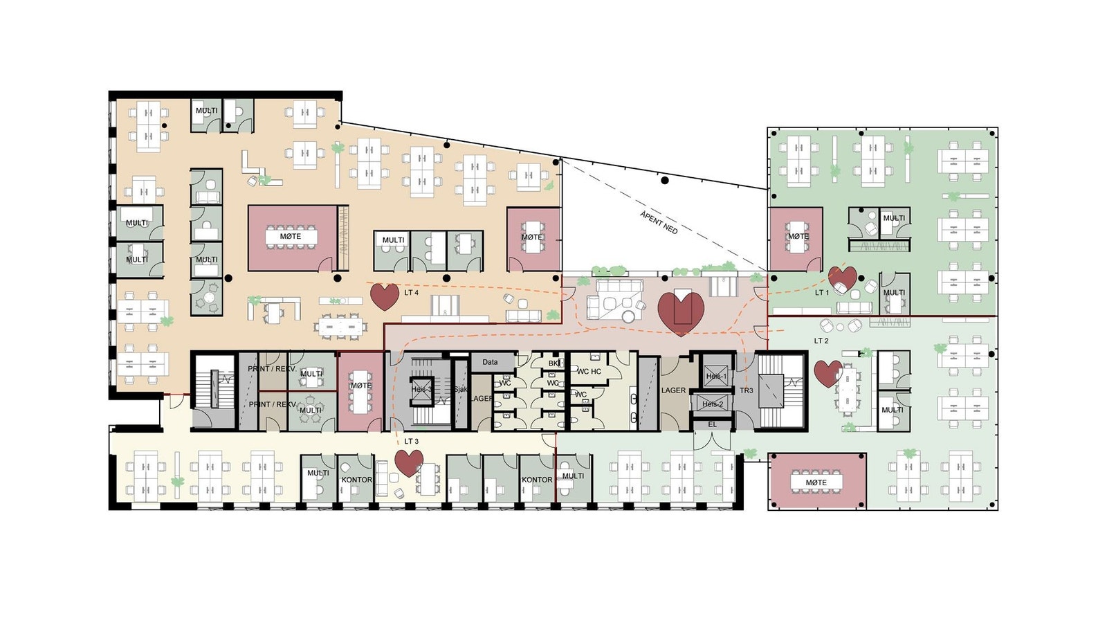 Plantegning Plan 3. Generisk utkast: interiørarkitekter stilles til rådighet for uttegning i samarbeid med leietaker. Galleribilde