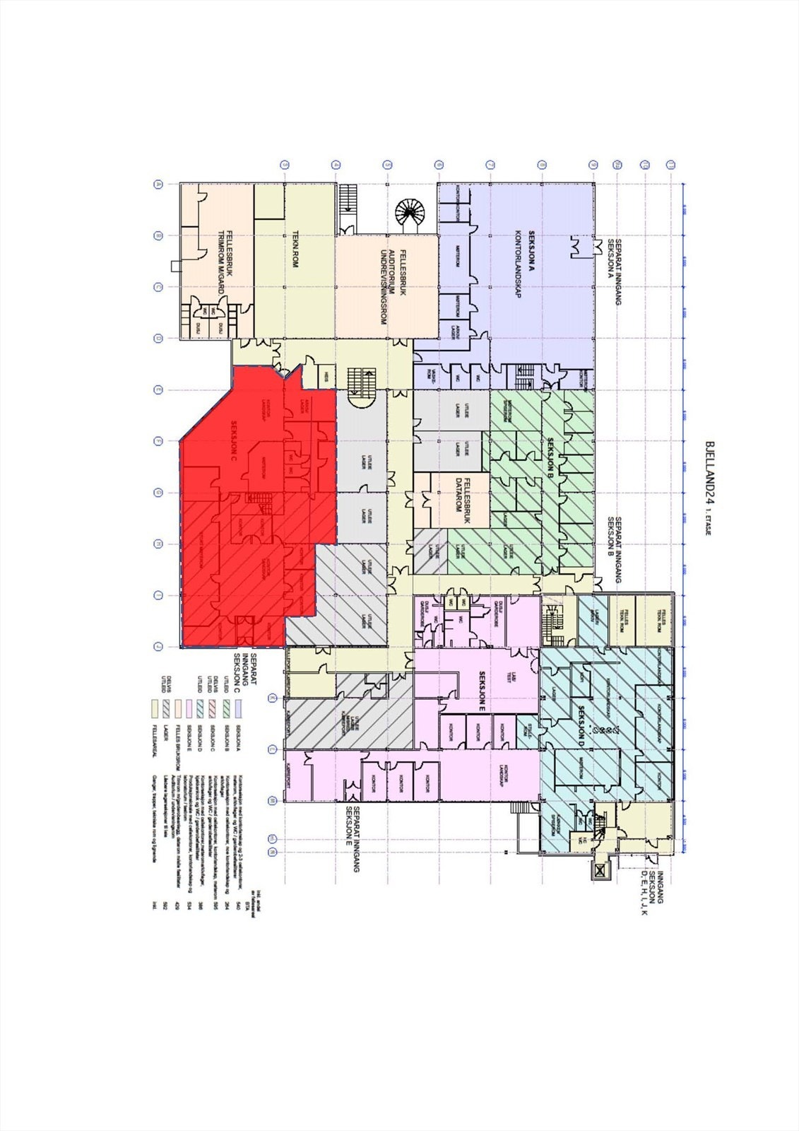 Tegning 1. etg med ledig lager markert med rødt Galleribilde