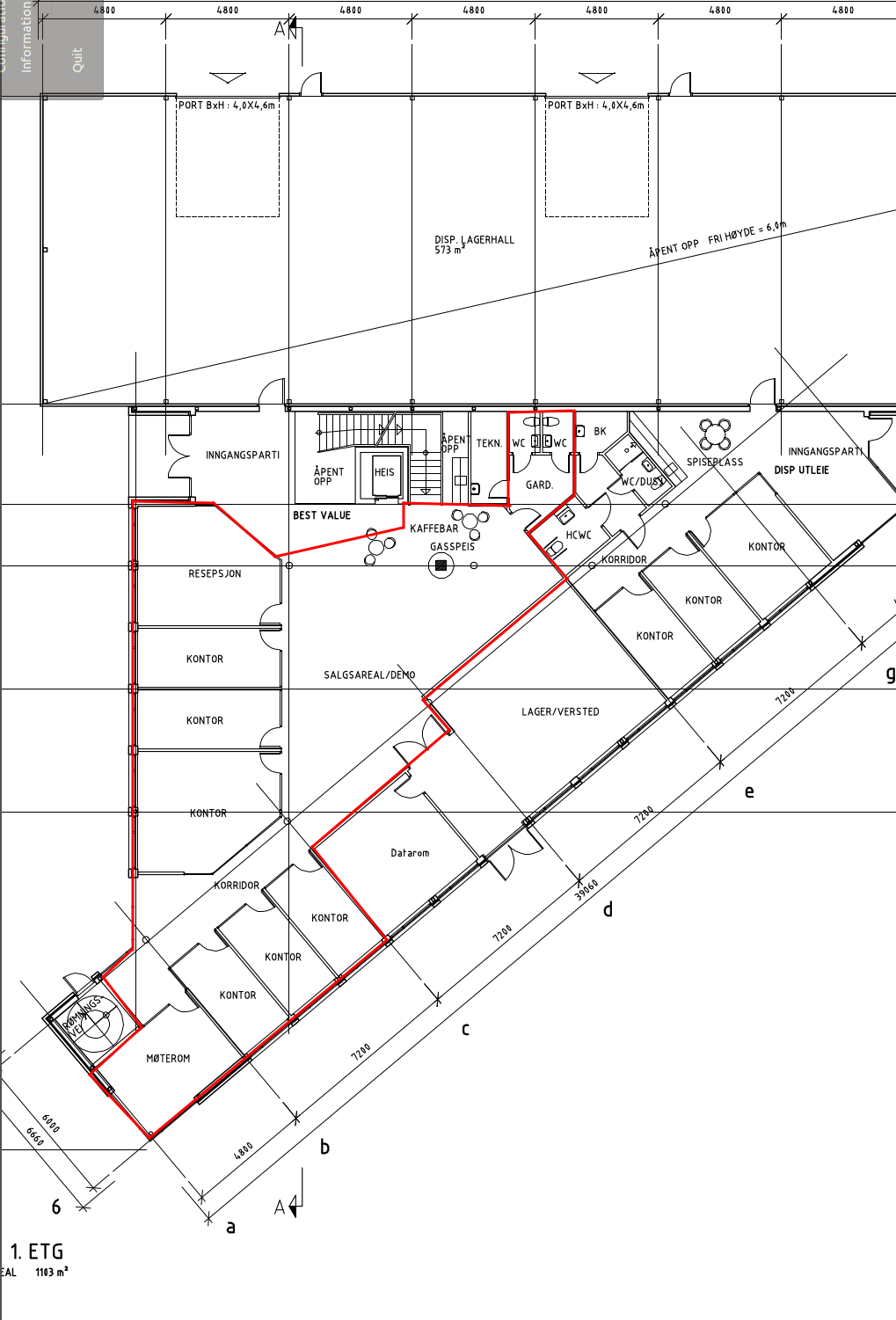 Tegning 1. etg. Ledig kontor markert Galleribilde
