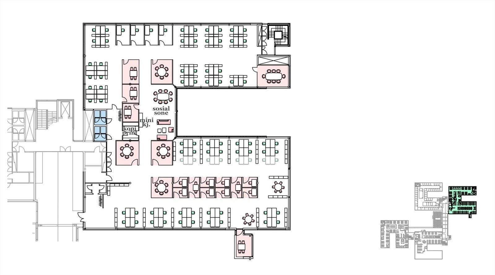 Eksempel til planløsning. Bygg B. 2. Etasje. 1 408 kvm BTA. 74-82 arbeidsplasser. Galleribilde