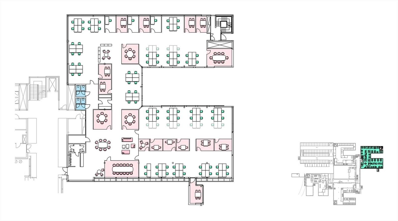 Eksempel til planløsning. Bygg B. 1. Etasje. 1 385 kvm BTA. 77-89 arbeidsplasser. Galleribilde