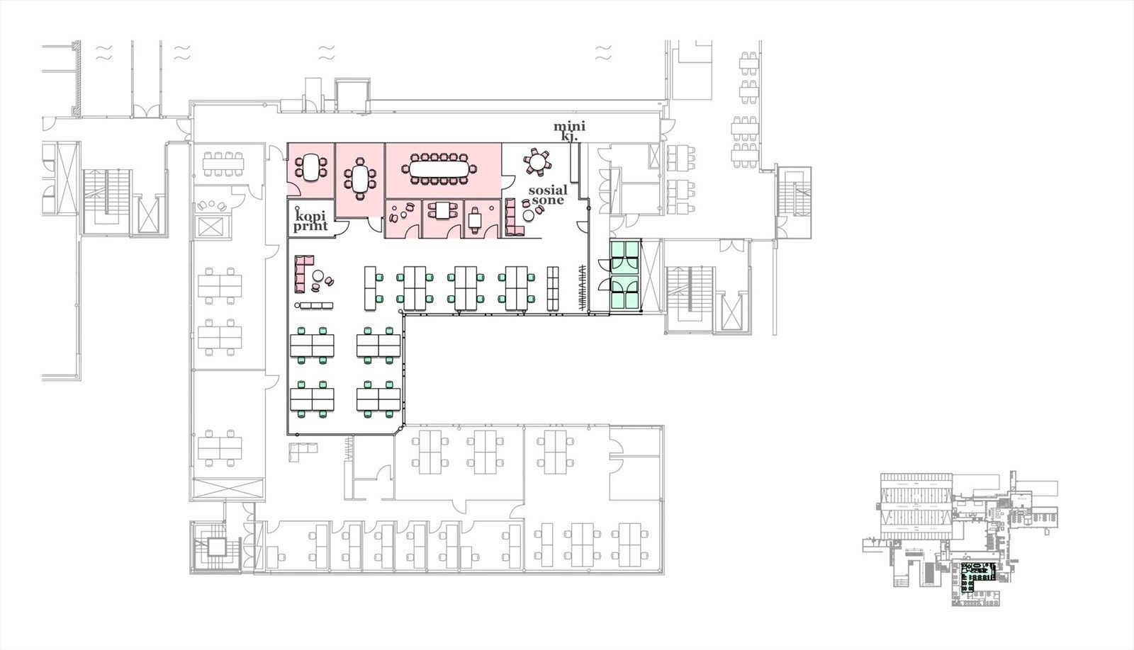 Dagens planløsning. Bygg E. U1. Etasje. Ca. 479 kvm BTA. 30 arbeidsplasser. Galleribilde