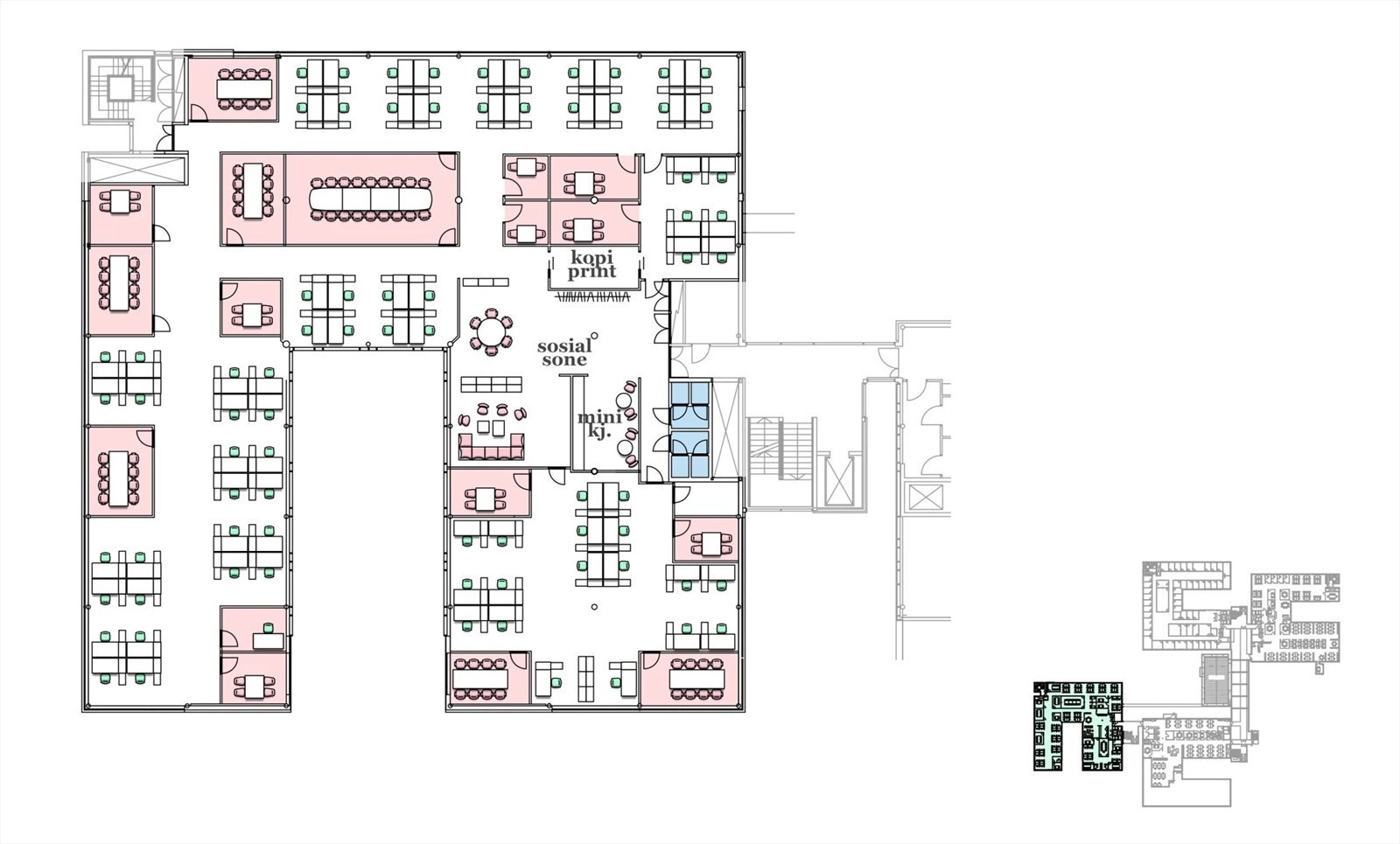 Eksempel til planløsning. Bygg D. 2. Etasje. 1 383 kvm BTA. 76 Arbeidsplasser. Galleribilde