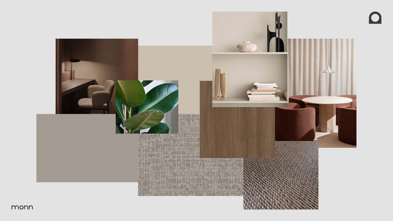 Inspirasjon fargecollage – naturlige materialer og lune toner gir et tidløst, profesjonelt uttrykk og legger til rette for et kontor med god atmosfære Galleribilde