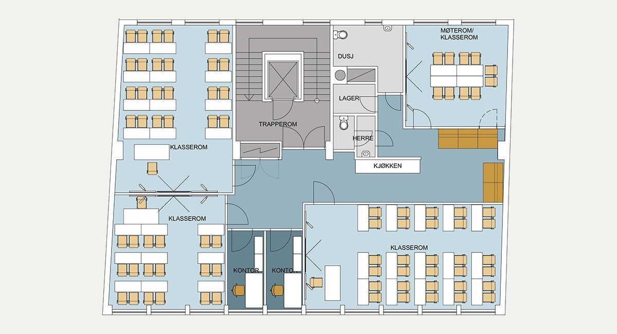 Plantegning som viser eksisterende løsning for kursvirksomhet Galleribilde