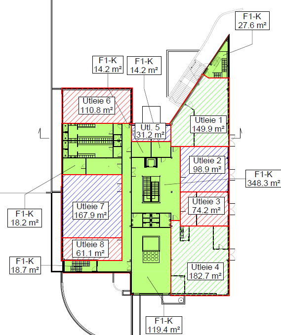 Plantegning Utleie 1 - kontordel 150 kvm med egen og direkte adkomst til bakkeplan Galleribilde