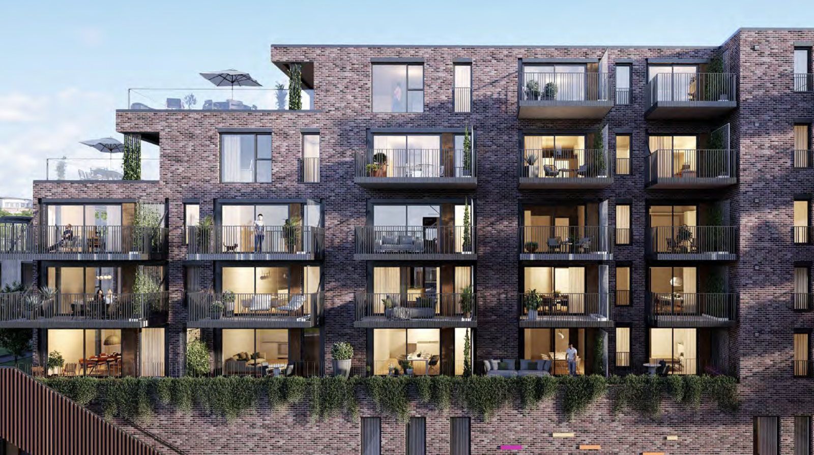 Det er leiligheten der det står en mann og en katt på balkongen. Illustrasjons tegning. Galleribilde