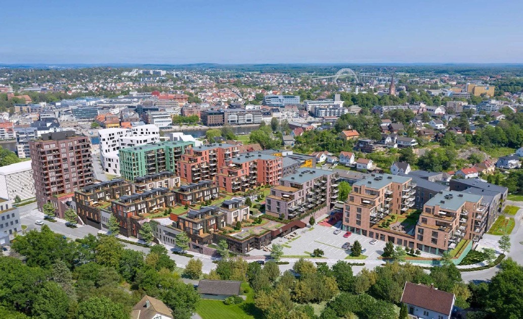 Leiligheten ligger i den tredje blokka /taket fra høyre. Galleribilde