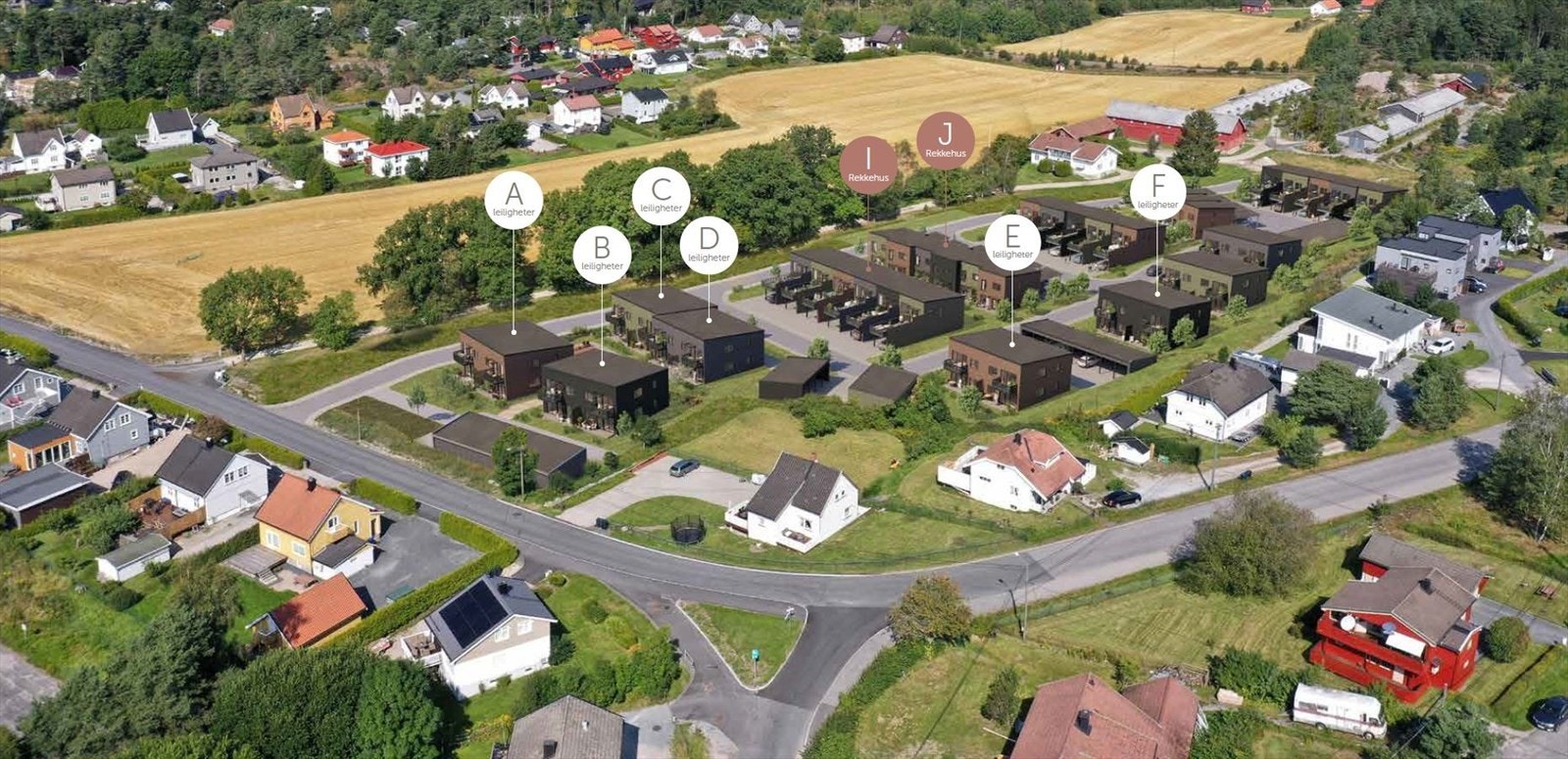 Oversiktsbilde. De nye leilighetene i bygg E og F. God oversikt i boligvelger: www.rolighetenalle.no Galleribilde